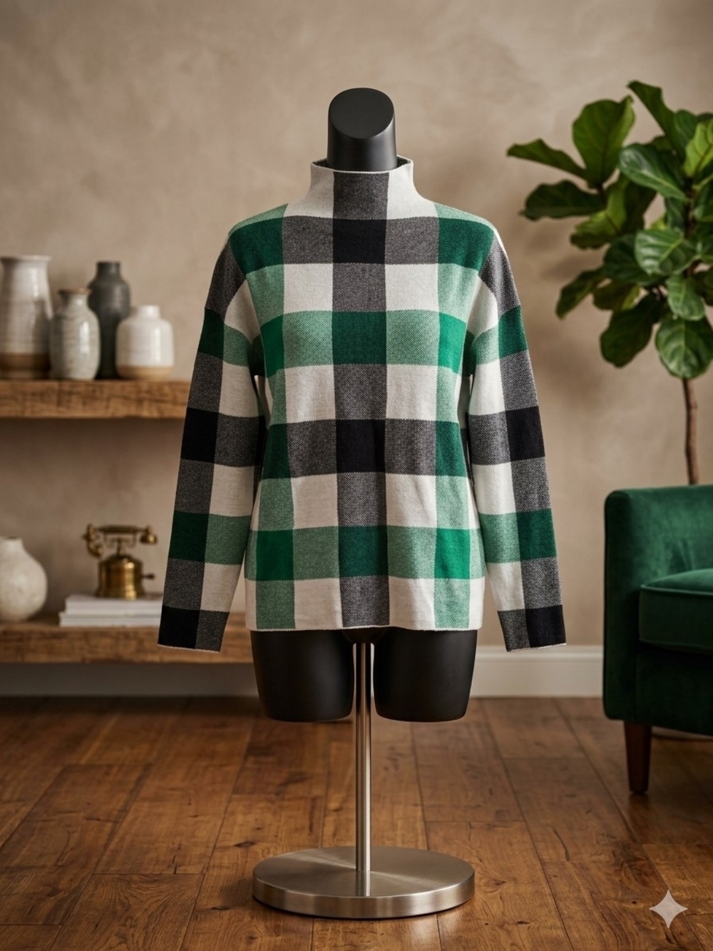 NWT Tahari Green Black and Cream Plaid Mock Neck Sweater